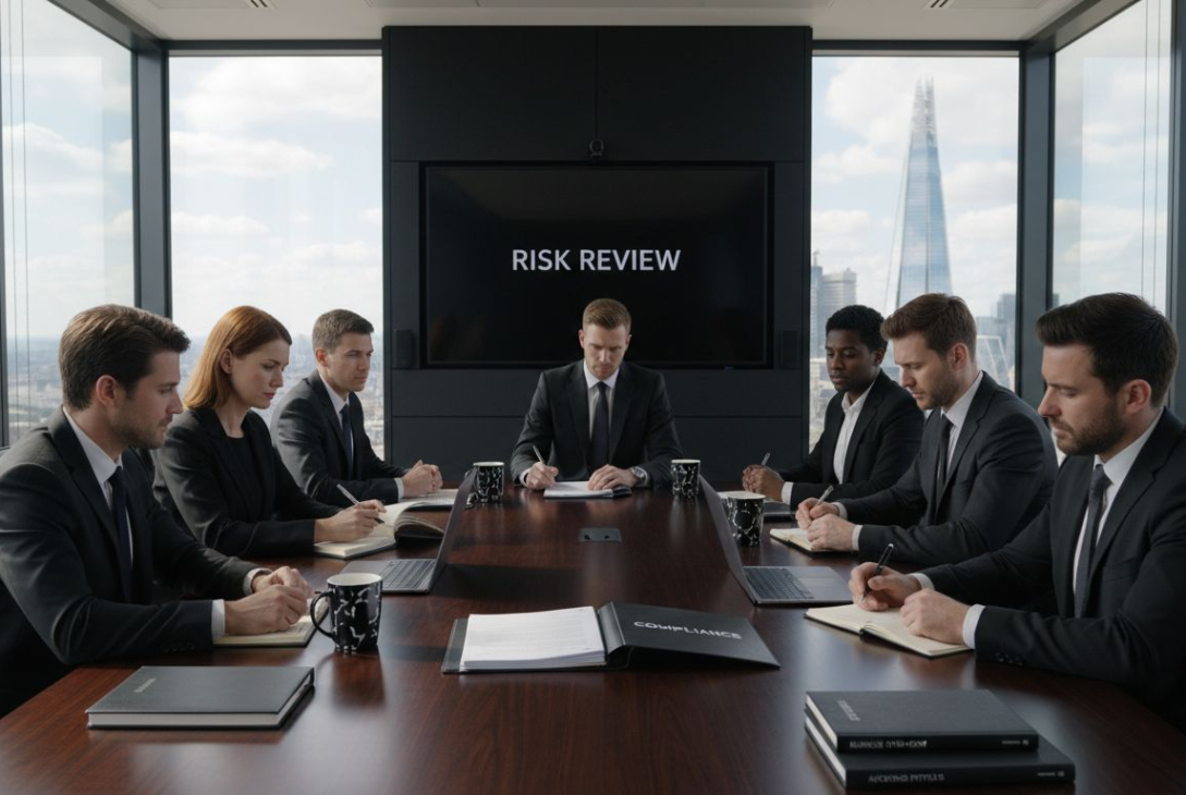 UK professionals reviewing business risks in meeting room