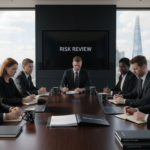 UK professionals reviewing business risks in meeting room