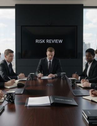 UK professionals reviewing business risks in meeting room