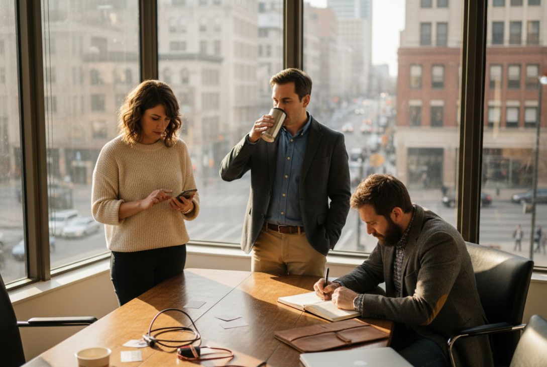 Professionals networking in corner office meeting