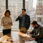Professionals networking in corner office meeting