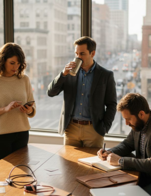 Professionals networking in corner office meeting