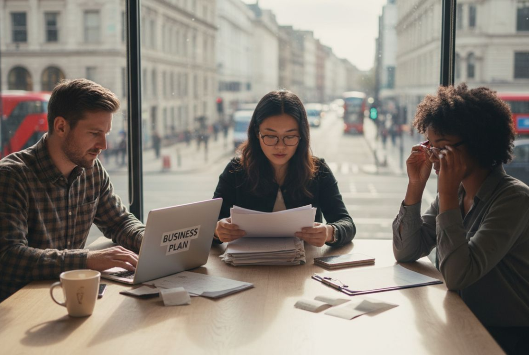 Founders planning in busy UK office