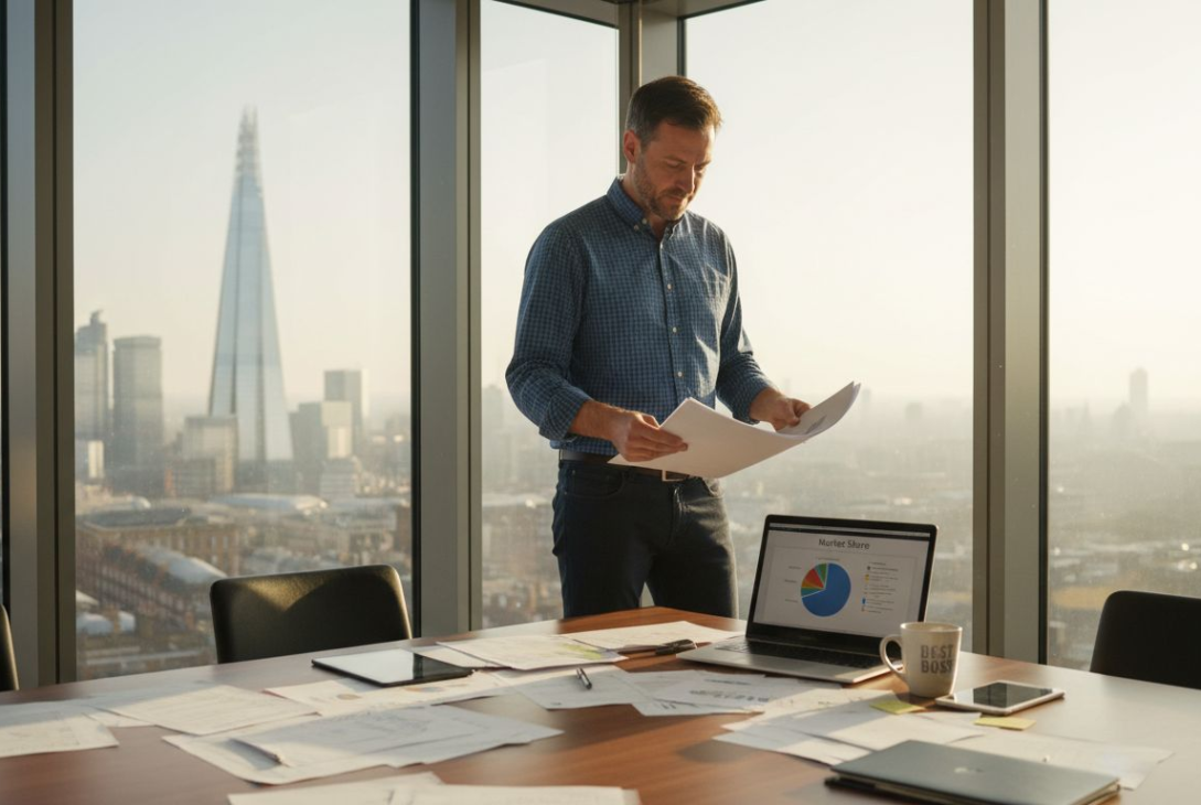 UK entrepreneur reviewing business plan in London office