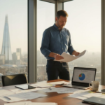 UK entrepreneur reviewing business plan in London office