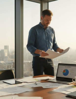 UK entrepreneur reviewing business plan in London office