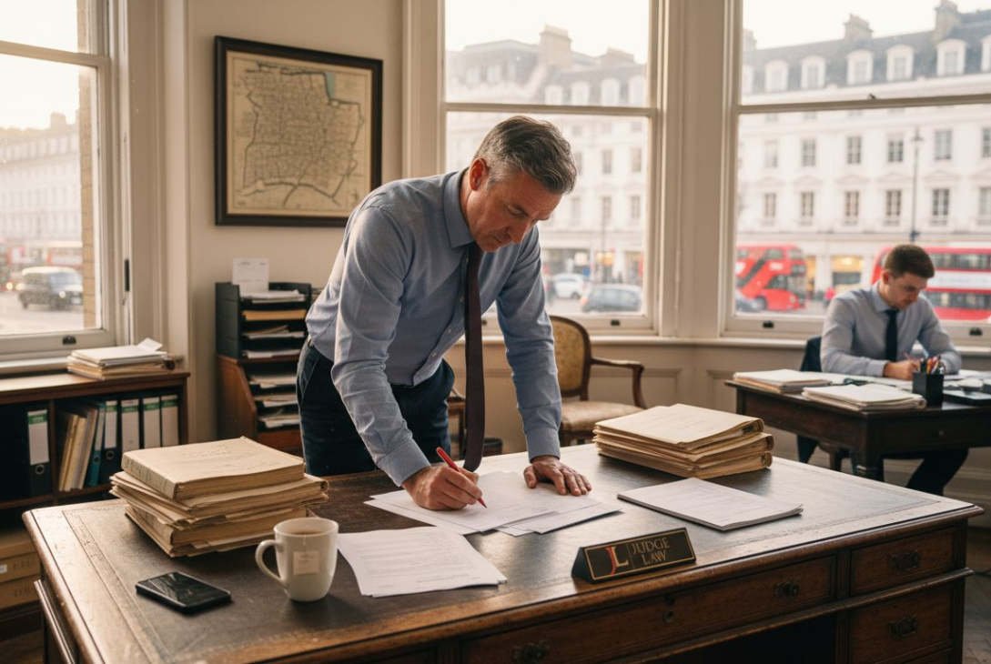 UK solicitor reviewing conveyancing documents in office