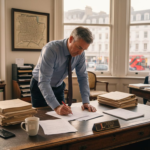 UK solicitor reviewing conveyancing documents in office