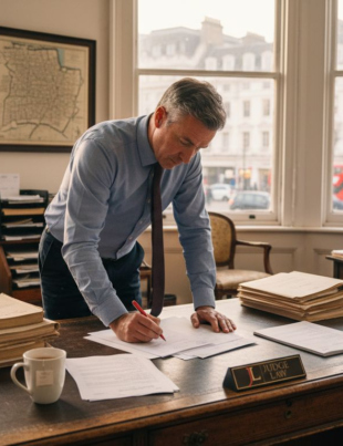 UK solicitor reviewing conveyancing documents in office