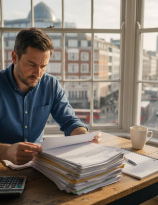 Small business owner handling compliance paperwork