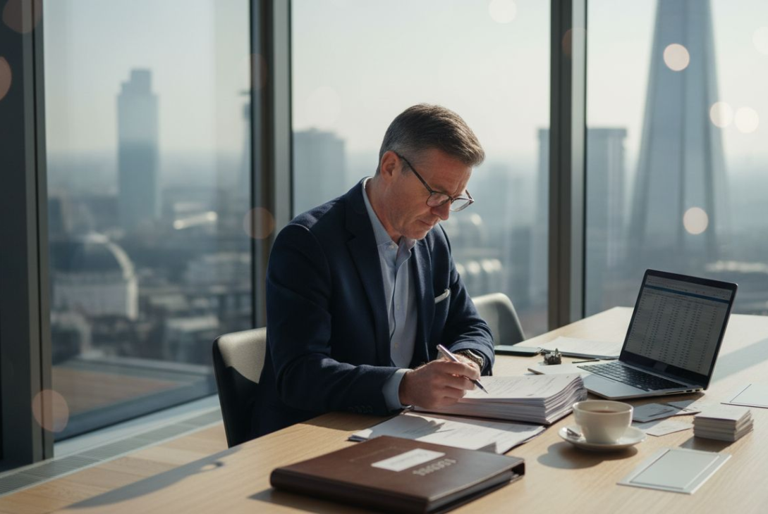 Man reviews insurance documents in London office