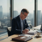 Man reviews insurance documents in London office