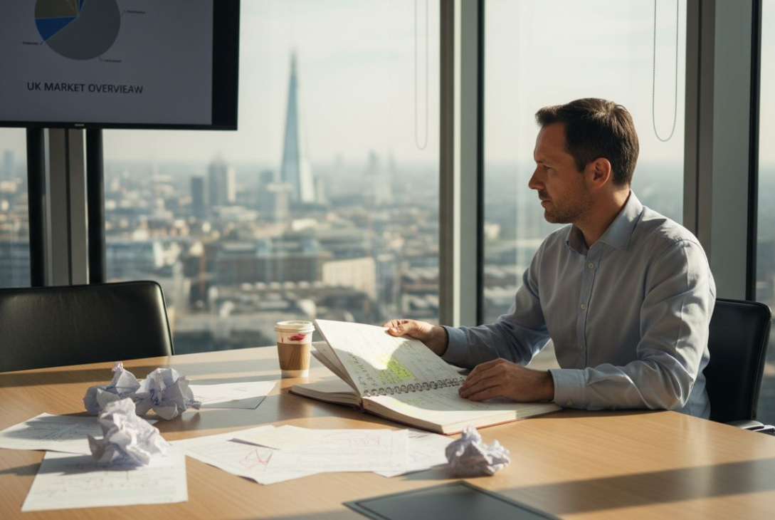 Businessman reviewing plan in UK office