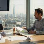 Businessman reviewing plan in UK office