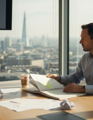 Businessman reviewing plan in UK office
