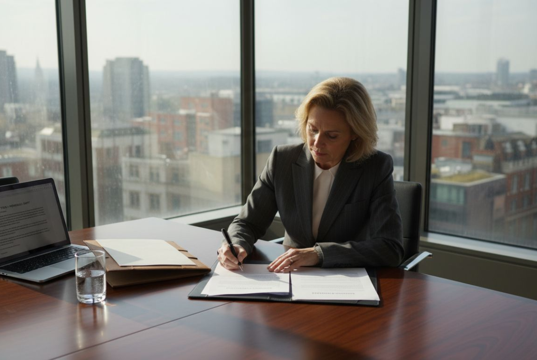 Businesswoman signing contract in city office