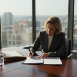 Businesswoman signing contract in city office