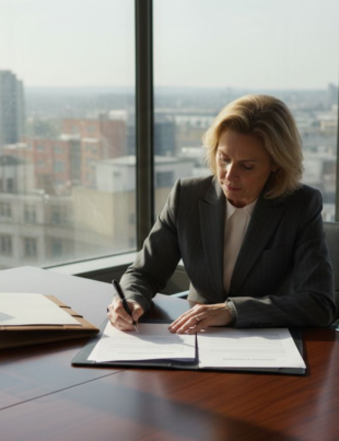 Businesswoman signing contract in city office