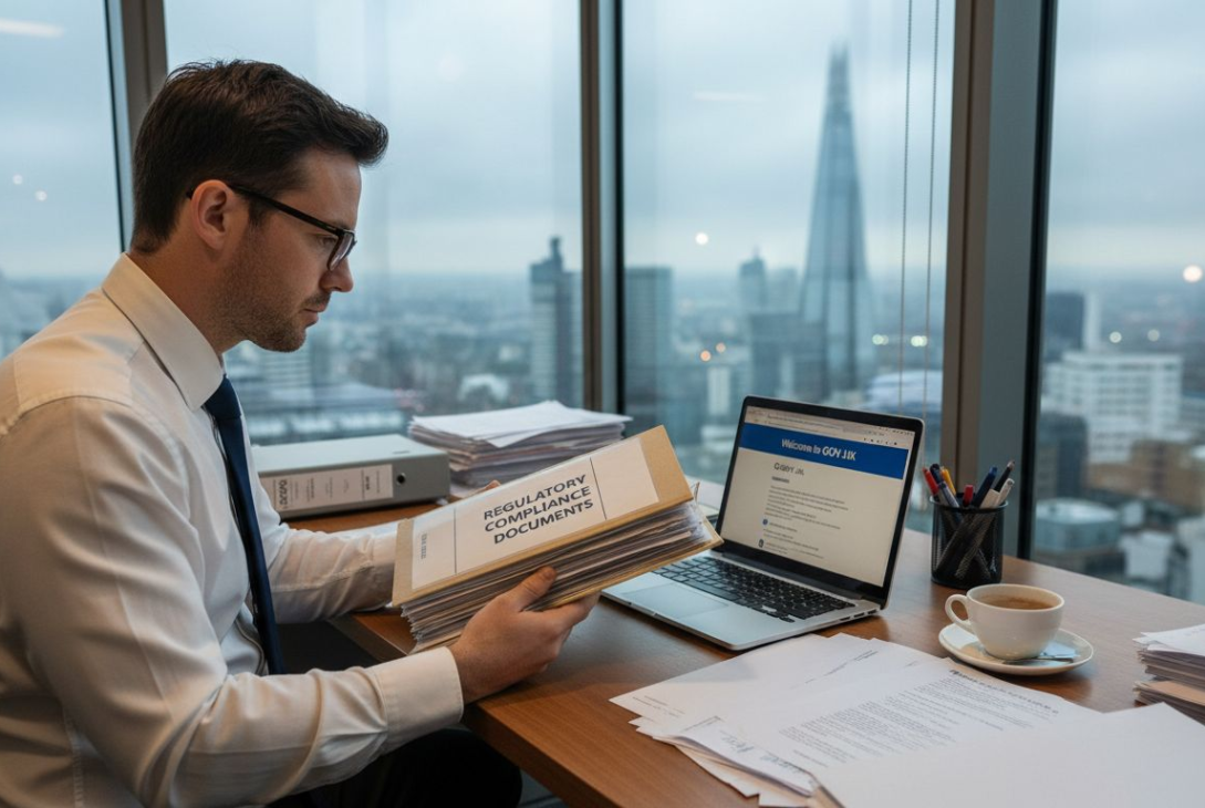 Compliance officer reading UK legal documents