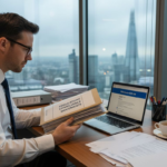 Compliance officer reading UK legal documents