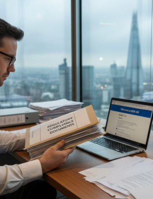 Compliance officer reading UK legal documents