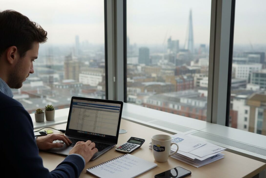 Entrepreneur reviews tax paperwork in London office