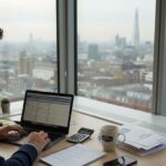 Entrepreneur reviews tax paperwork in London office