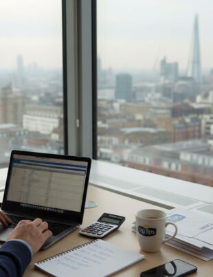 Entrepreneur reviews tax paperwork in London office