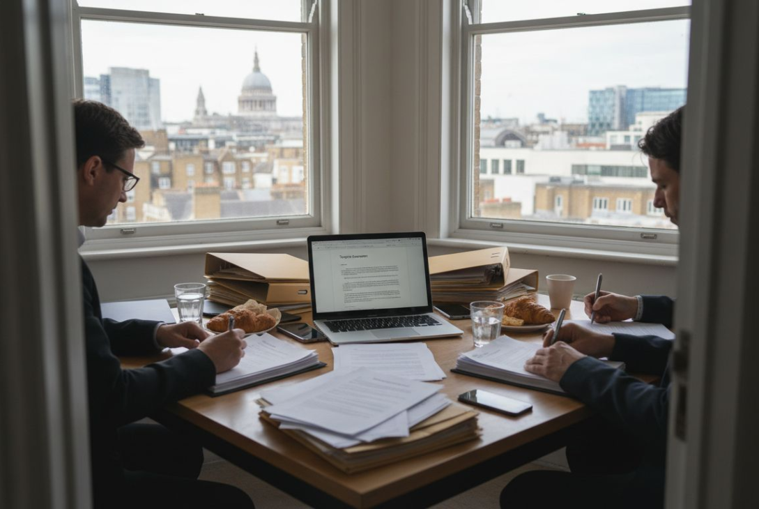 Small business owners reviewing contracts in London office