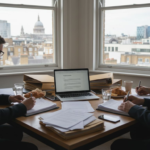 Small business owners reviewing contracts in London office