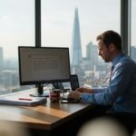 Professional reviewing document in London office