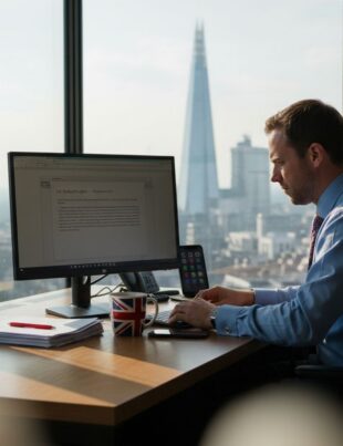 Professional reviewing document in London office