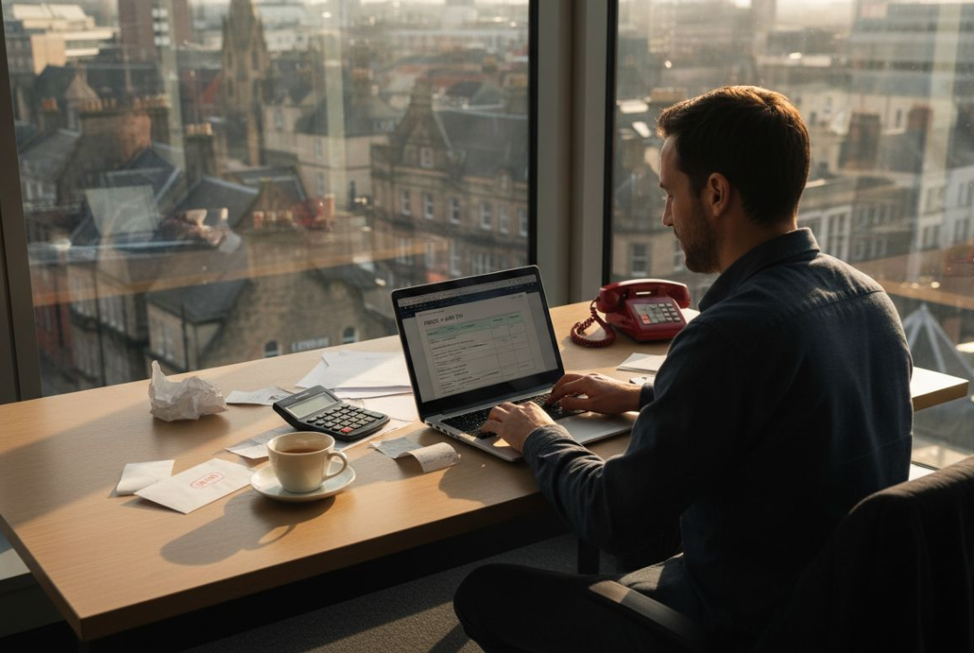 Small business owner using invoicing software in office