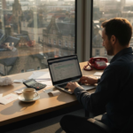 Small business owner using invoicing software in office