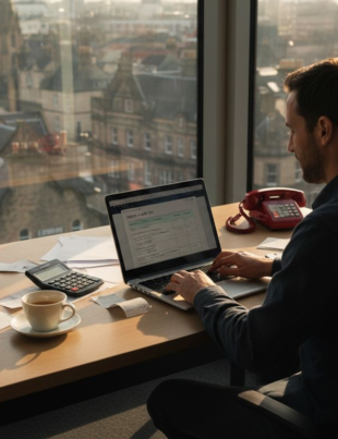 Small business owner using invoicing software in office