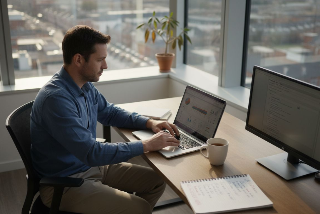 Worker using automation dashboard in office