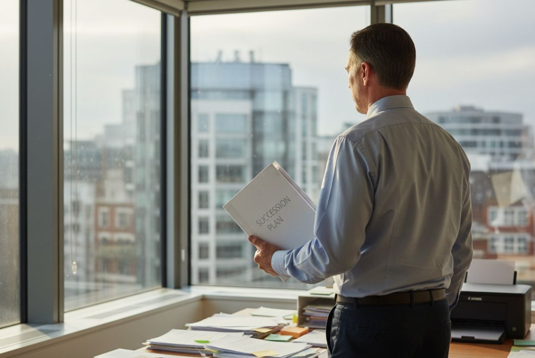 Business owner planning succession in corner office