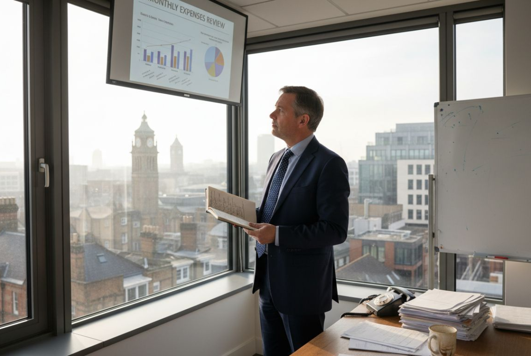 Business owner reviewing costs in city office