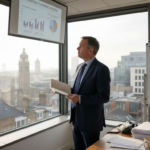 Business owner reviewing costs in city office