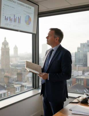 Business owner reviewing costs in city office