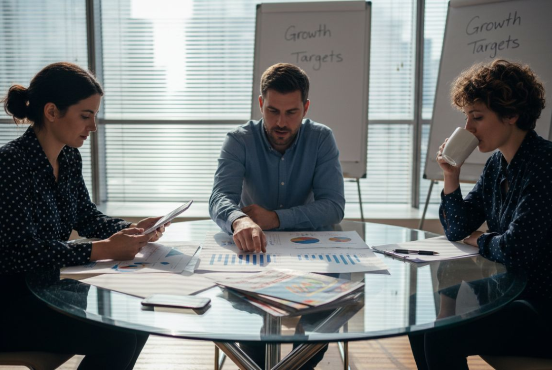 Small business owners discussing marketing plan together