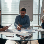 Small business owners discussing marketing plan together