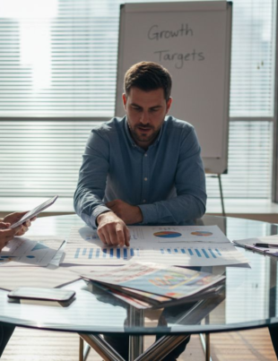 Small business owners discussing marketing plan together