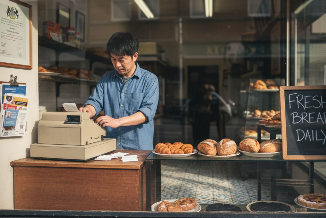 UK shop owner in bakery counting receipts