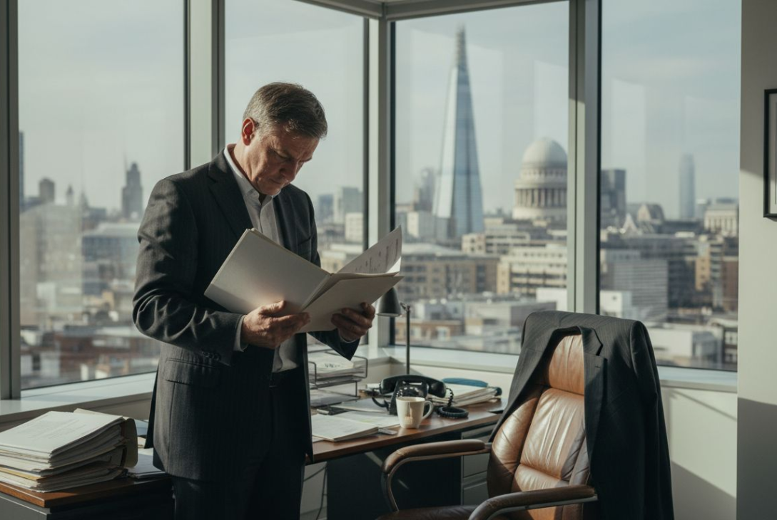 UK business owner reviews insurance paperwork in city office