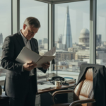 UK business owner reviews insurance paperwork in city office