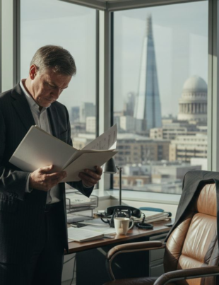 UK business owner reviews insurance paperwork in city office