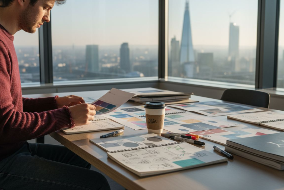 Designer reviews branding mood boards in London office