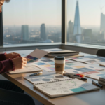 Designer reviews branding mood boards in London office