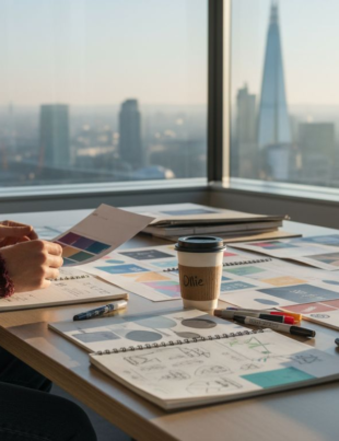 Designer reviews branding mood boards in London office